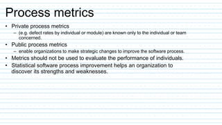 Process metrics
• Private process metrics
– (e.g. defect rates by individual or module) are known only to the individual or team
concerned.
• Public process metrics
– enable organizations to make strategic changes to improve the software process.
• Metrics should not be used to evaluate the performance of individuals.
• Statistical software process improvement helps an organization to
discover its strengths and weaknesses.
 