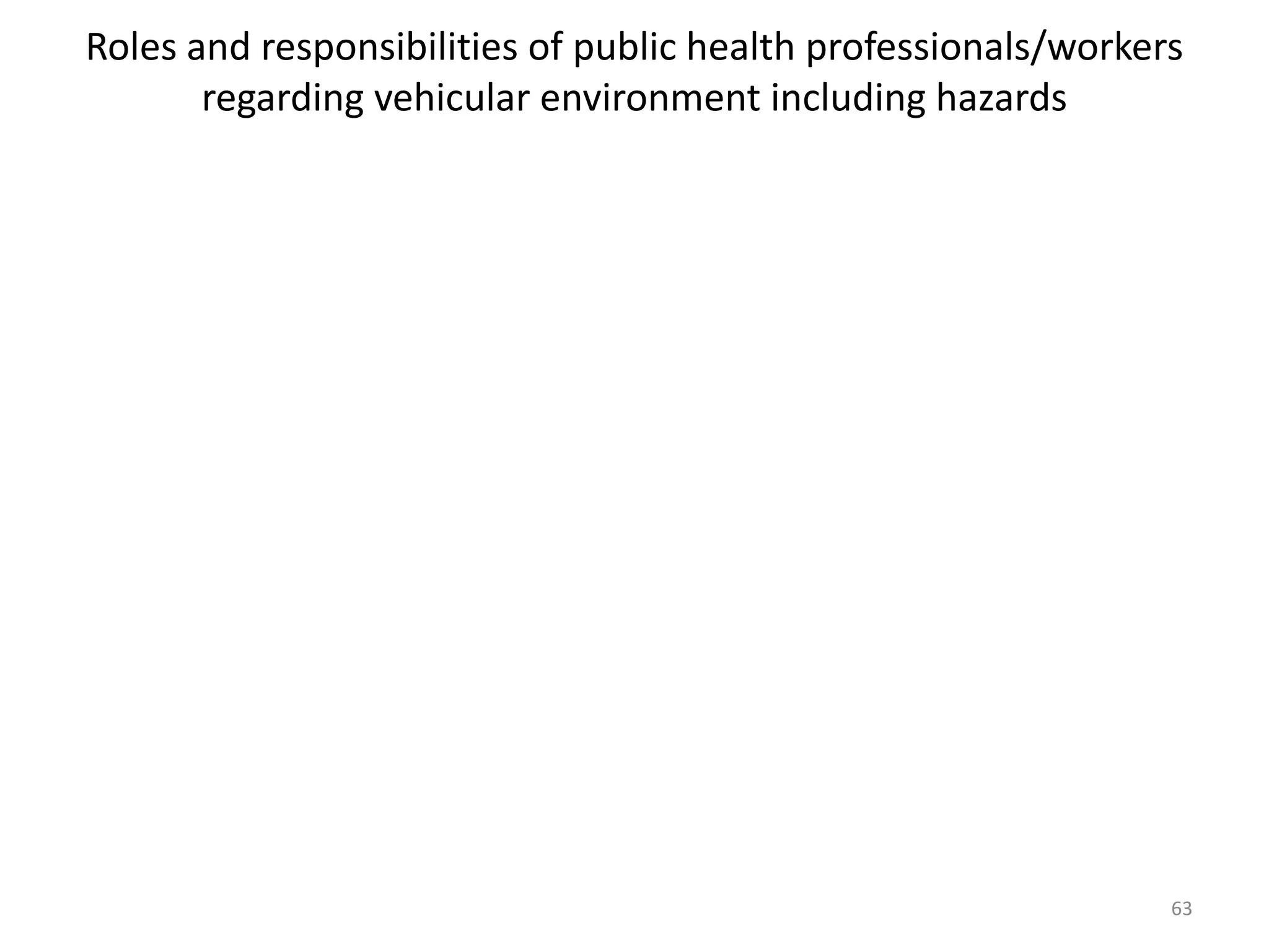 Roles and responsibilities of public health professionals/workers
regarding vehicular environment including hazards
63
 