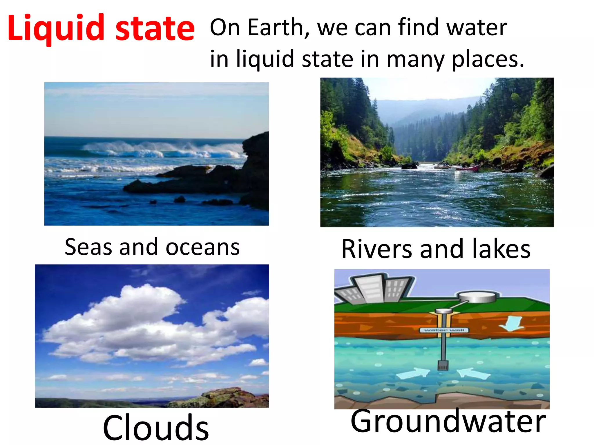 Liquid state On Earth, we can find water
in liquid state in many places.
Seas and oceans Rivers and lakes
Clouds Groundwater
 
