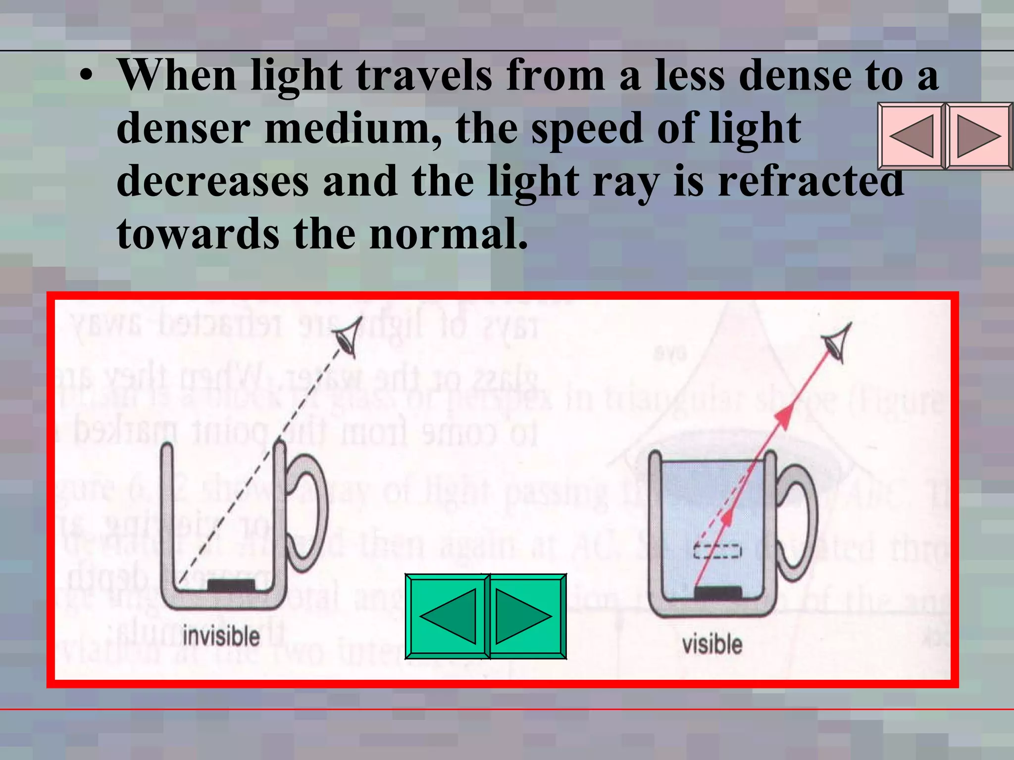 When light travels from a less dense to a denser medium, the speed of light decreases and the light ray is refracted towards the normal. 