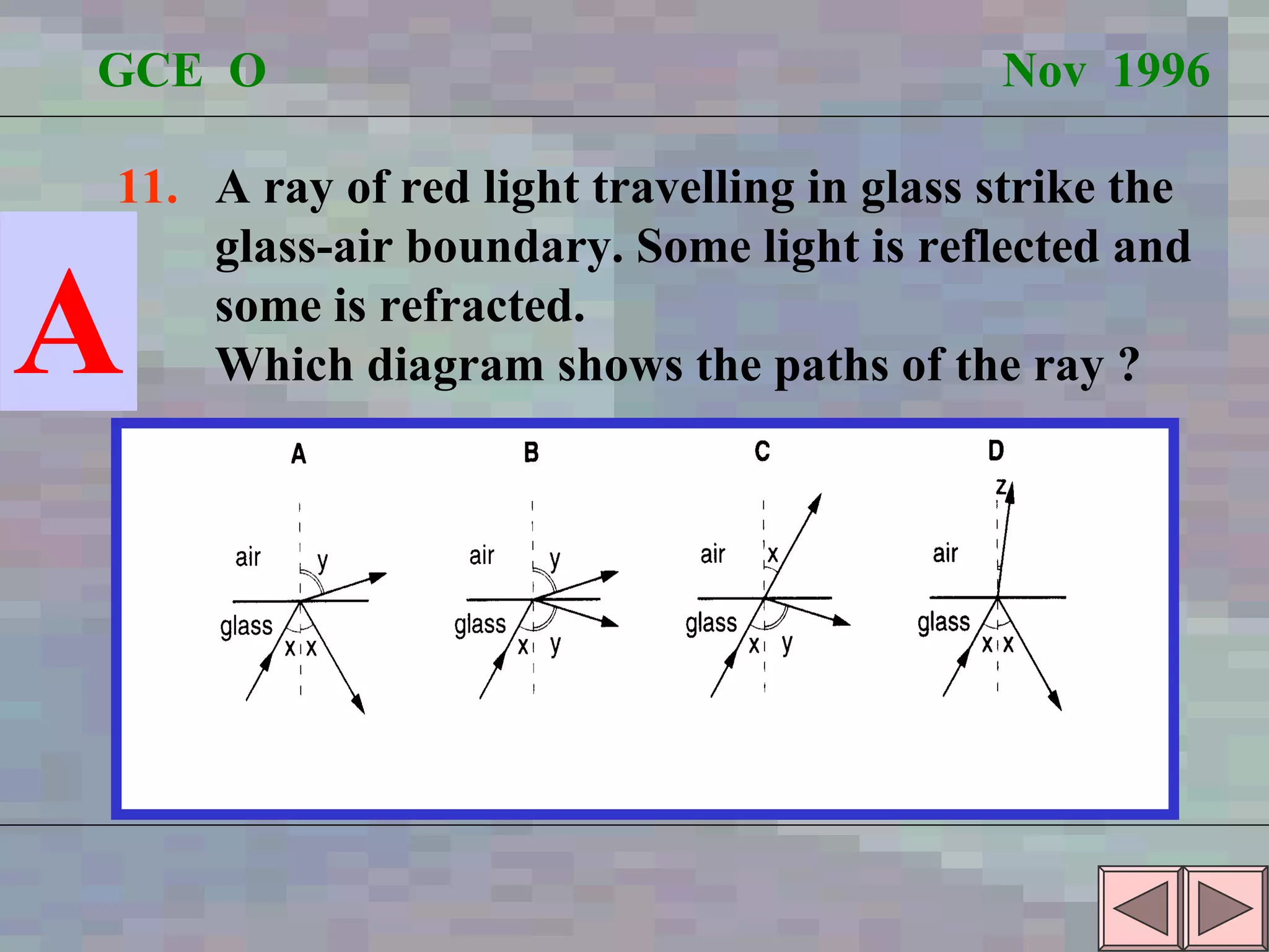 GCE  O  Nov  1996 11.  A ray of red light travelling in glass strike the glass-air boundary. Some light is reflected and some is refracted. Which diagram shows the paths of the ray ? A 