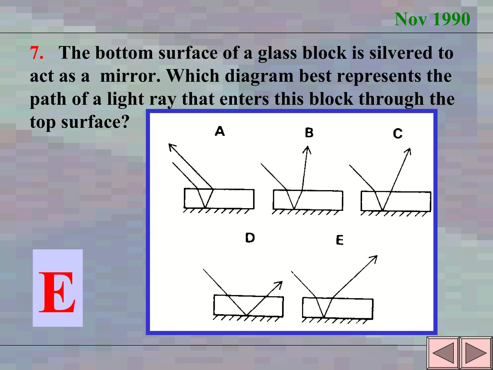 Nov 1990 7.  The bottom surface of a glass block is silvered to act as a  mirror. Which diagram best represents the path of a light ray that enters this block through the top surface? E 