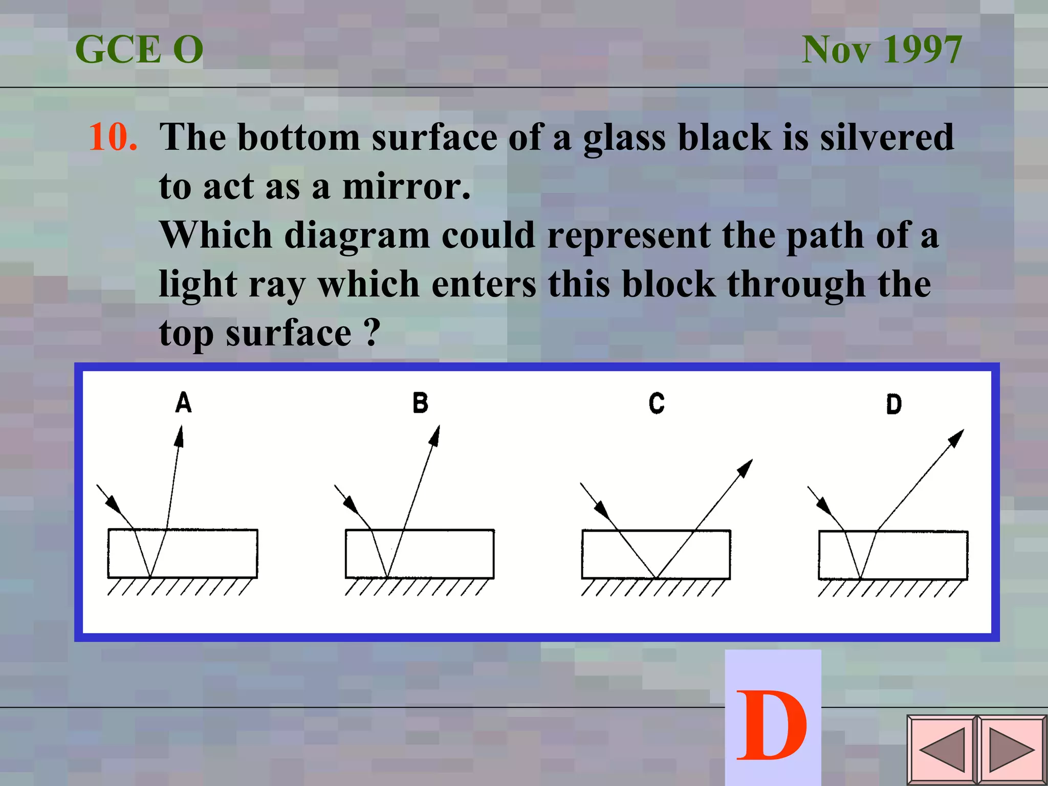 GCE O  Nov 1997 10.  The bottom surface of a glass black is silvered to act as a mirror. Which diagram could represent the path of a light ray which enters this block through the  top surface ? D 