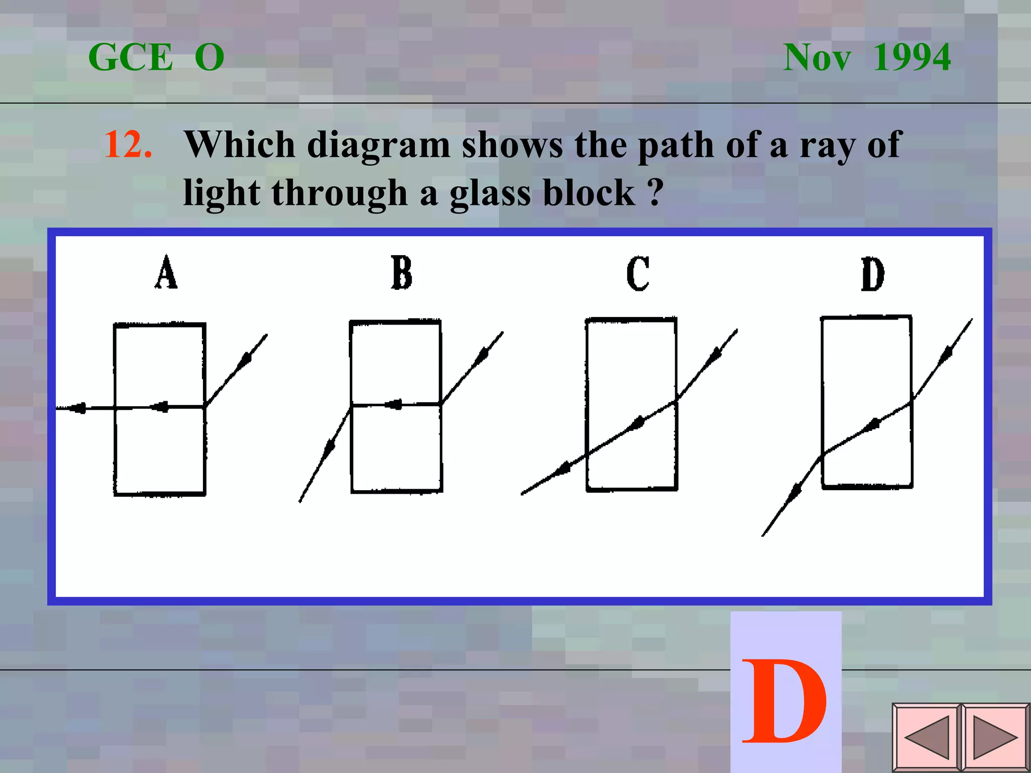 GCE  O  Nov  1994 12.  Which diagram shows the path of a ray of  light through a glass block ? D 