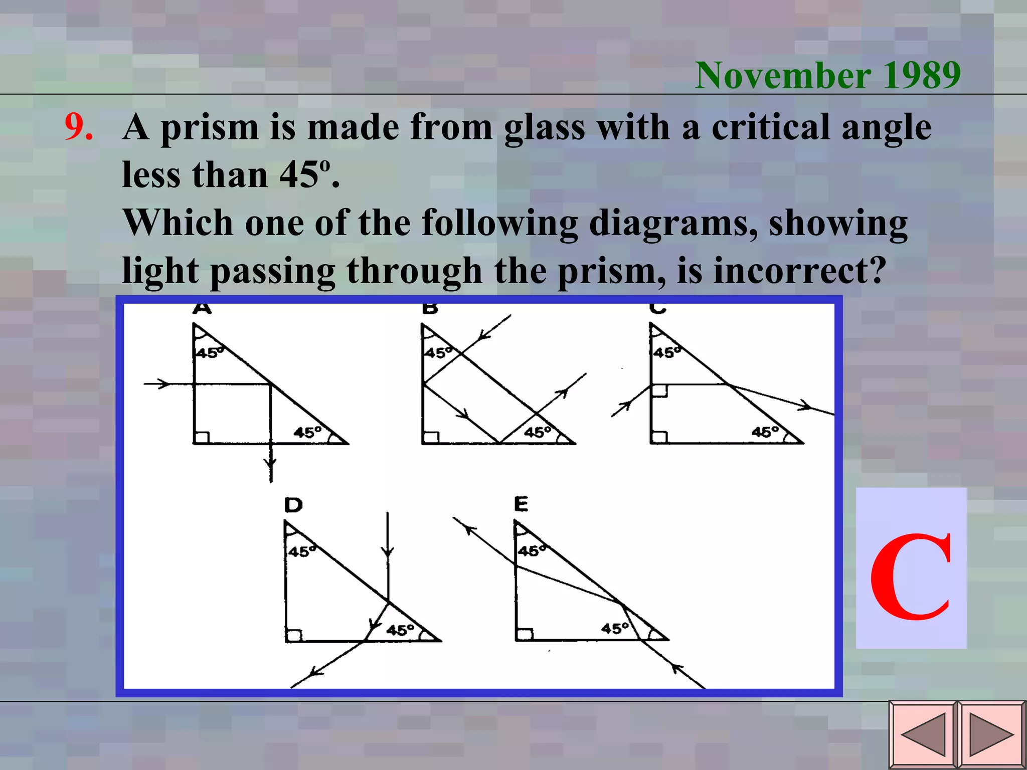 November 1989 9. A prism is made from glass with a critical angle less than 45 o . Which one of the following diagrams, showing light passing through the prism, is incorrect? C 