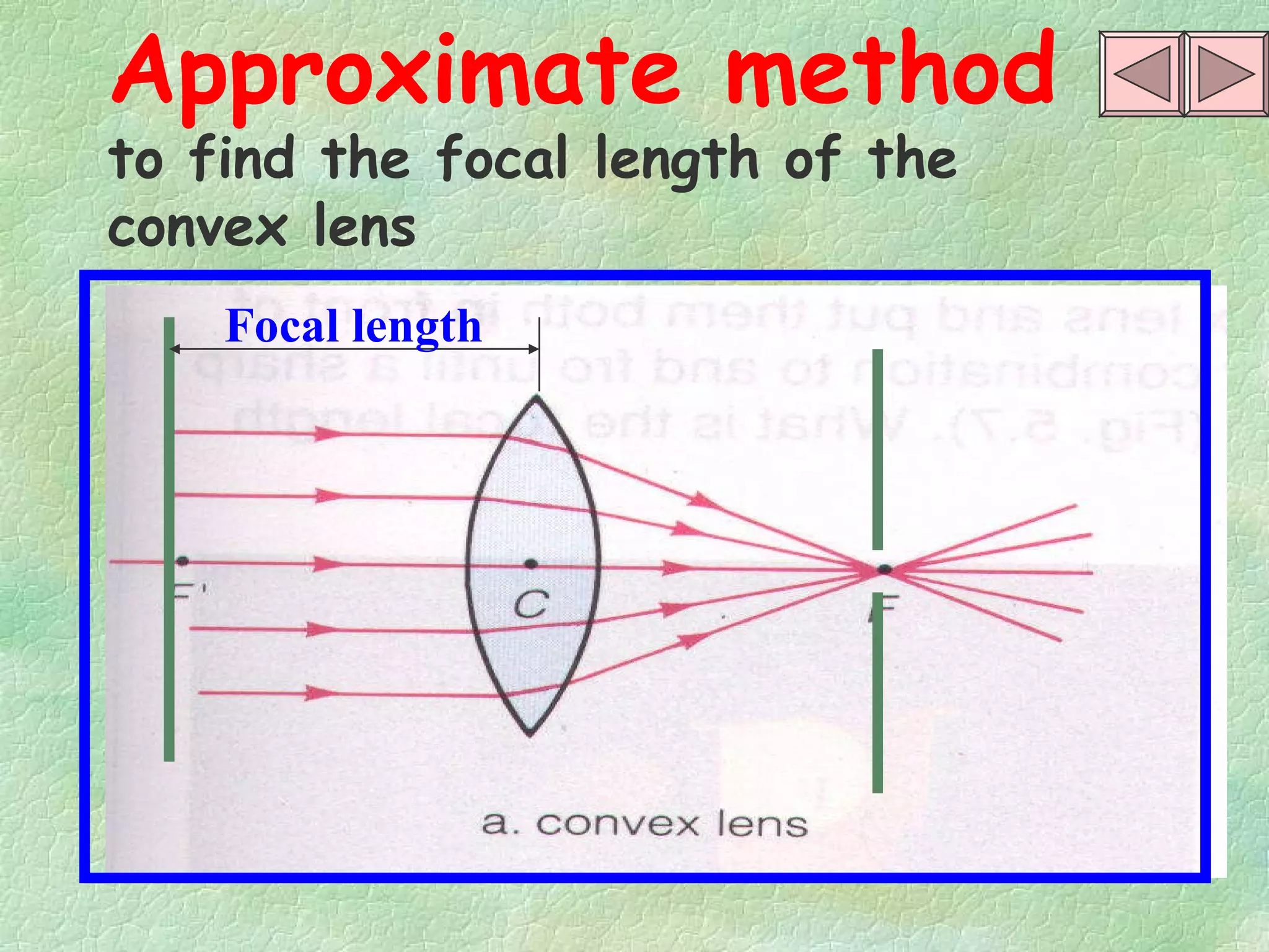 Approximate method  to find the focal length of the convex lens Focal length 