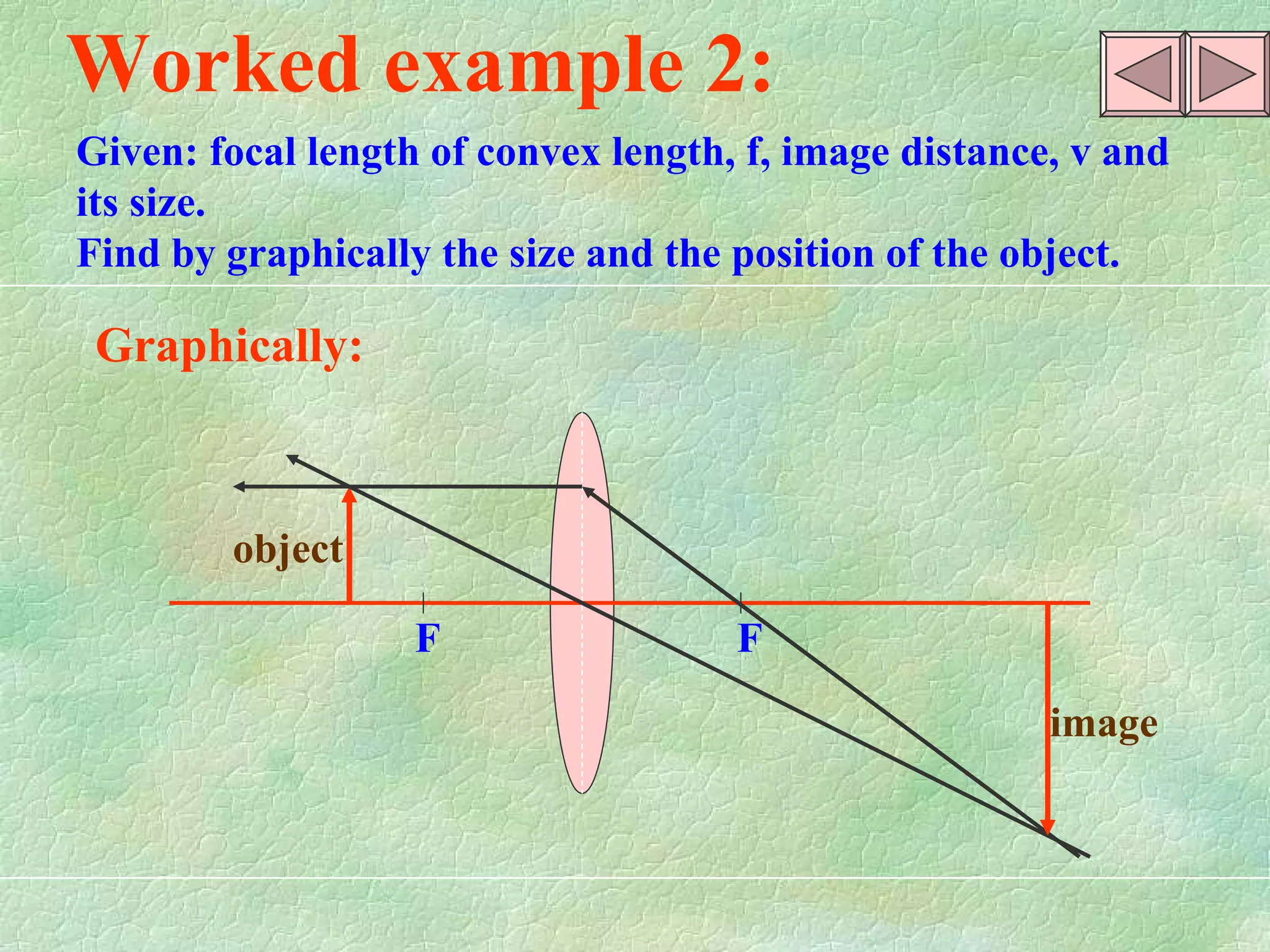F  F image object Worked example 2: Given: focal length of convex length, f, image distance, v and its size. Find by graphically the size and the position of the object.  Graphically: 
