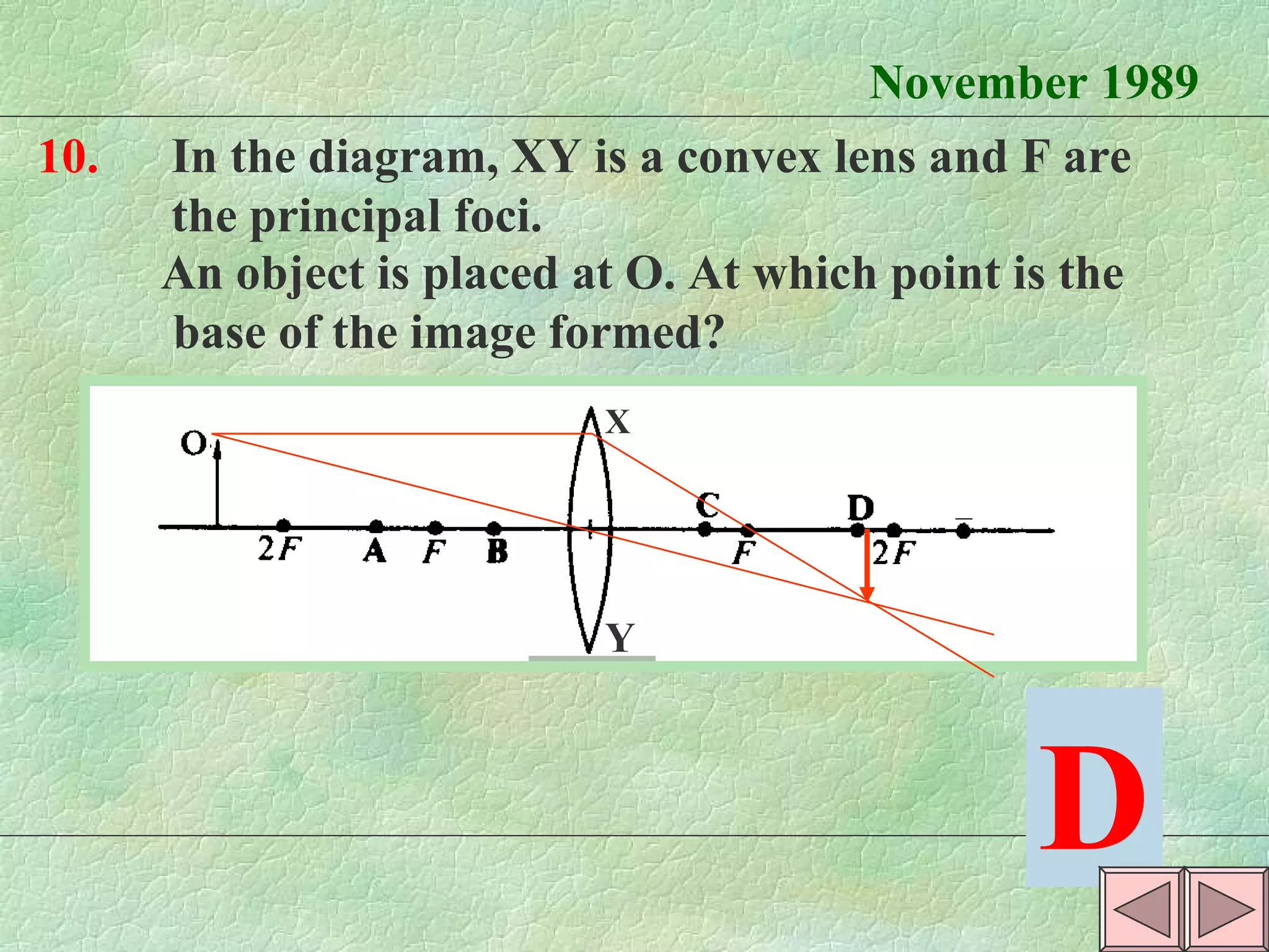November 1989 10. In the diagram, XY is a convex lens and F are the principal foci. An object is placed at O. At which point is the  base of the image formed? D X Y 