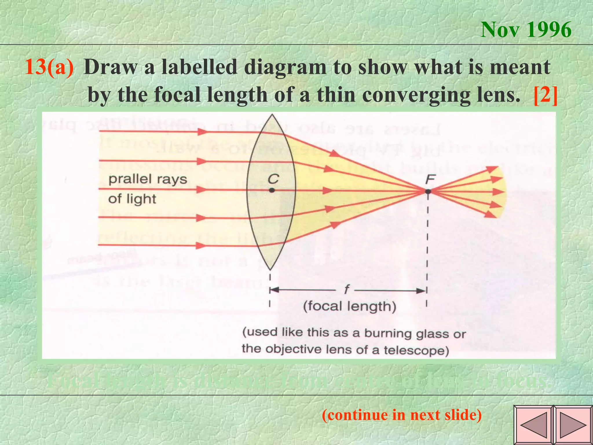 Nov 1996 13(a) Draw a labelled diagram to show what is meant  by the focal length of a thin converging lens.  [2] Focal length is distance from centre of lens to focus. (continue in next slide) 