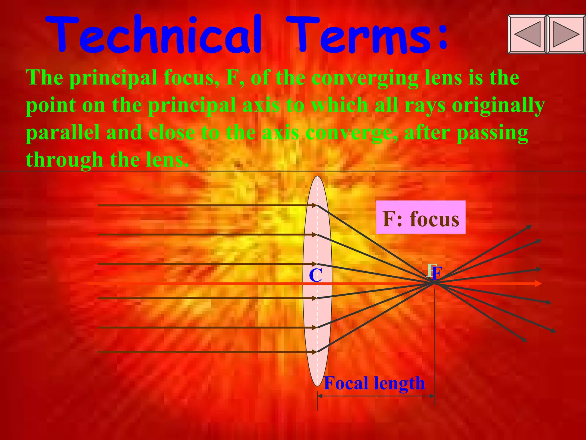 Technical Terms: The principal focus, F, of the converging lens is the point on the principal axis to which all rays originally parallel and close to the axis converge, after passing through the lens. F F: focus Focal length C F 