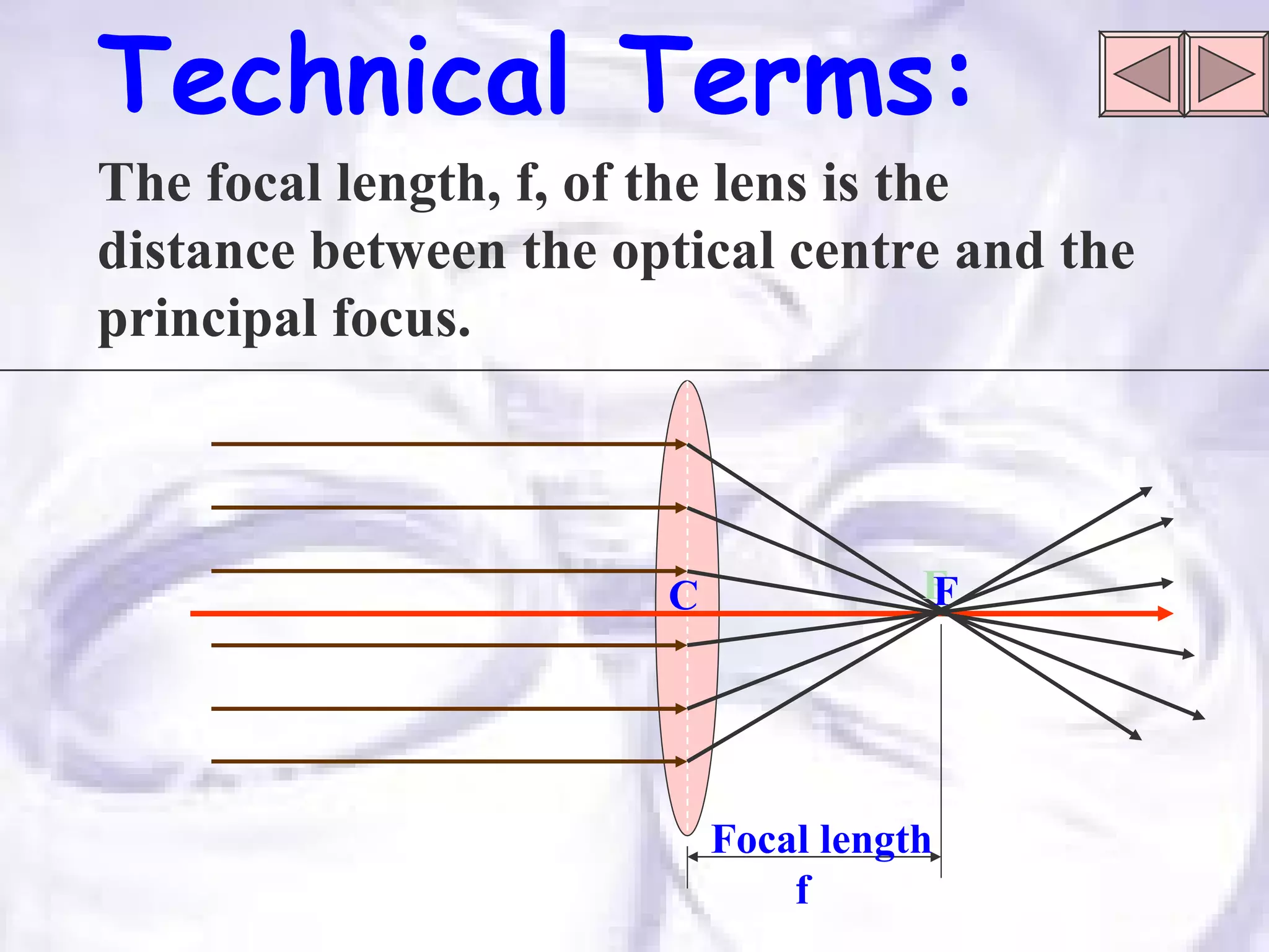 Technical Terms: The focal length, f, of the lens is the distance between the optical centre and the principal focus. F Focal length f C F 