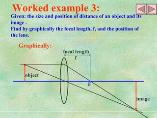 object image F focal length f Given: the size and position of distance of an object and its image . Find by graphically the focal length, f, and the position of the lens.  Worked example 3: Graphically: 