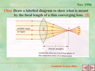 Nov 1996 13(a) Draw a labelled diagram to show what is meant  by the focal length of a thin converging lens.  [2] Focal length is distance from centre of lens to focus. (continue in next slide) 