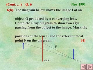 6(b)   The diagram below shows the image I of an  object O produced by a converging lens.    Complete a ray diagram to show two rays    passing from the object to the image. Mark the  positions of the lens L and the relevant focal  point F on the diagram.  [4]   (Cont. …)  Q. 6   Nov 1991 O I lens F L F 