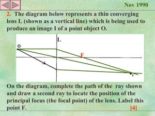 Nov 1990 2.  The diagram below represents a thin converging lens L (shown as a vertical line) which is being used to produce an image I of a point object O. On the diagram, complete the path of the  ray shown and draw a second ray to locate the position of the principal focus (the focal point) of the lens. Label this point F.  [4] F L 