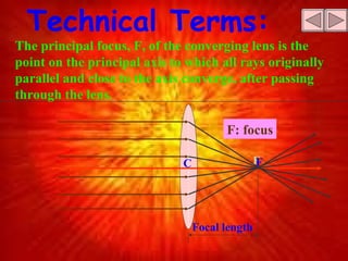 Technical Terms: The principal focus, F, of the converging lens is the point on the principal axis to which all rays originally parallel and close to the axis converge, after passing through the lens. F F: focus Focal length C F 