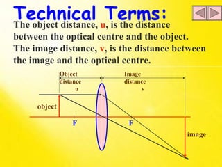 F  F object image Object distance u Image distance v Technical Terms: The object distance,  u , is the distance between the optical centre and the object. The image distance,  v , is the distance between the image and the optical centre. 