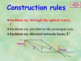 Construction rules Incident ray through the optical centre, C Incident ray parallel to the principal axis Incident ray directed towards focus, F’ F’ F C object Image 