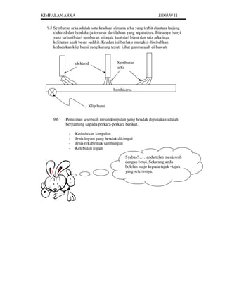 KIMPALAN ARKA                                                       J1003/9/ 11


  9.5 Semburan arka adalah satu keadaan dimana arka yang terbit diantara hujung
      elektrod dan bendakerja tersasar dari laluan yang sepatutnya. Biasanya bunyi
      yang terhasil dari semburan ini agak kuat dari biasa dan saiz arka juga
      kelihatan agak besar sedikit. Keadan ini berlaku mungkin disebabkan
      kedudukan klip bumi yang kurang tepat. Lihat gambarajah di bawah.


                   elektrod                Semburan
                                           arka




                                         bendakerja


                          Klip bumi


     9.6     Pemilihan sesebuah mesin kimpalan yang hendak digunakan adalah
             bergantung kepada perkara-perkara berikut.

               -   Kedudukan kimpalan
               -   Jenis logam yang hendak dikimpal
               -   Jenis rekabentuk sambungan
               -   Ketebalan logam

                                                Syabas!……anda telah menjawab
                                                dengan betul. Sekarang anda
                                                bolelah maju kepada tajuk –tajuk
                                                yang seterusnya.
 
