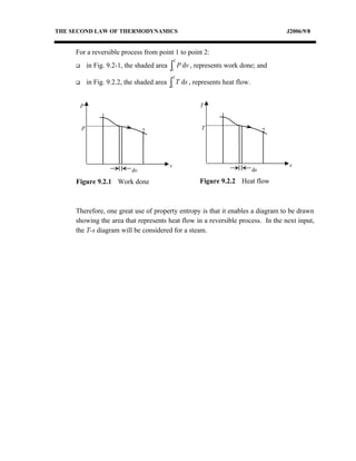 THE SECOND LAW OF THERMODYNAMICS                                                         J2006/9/8


     For a reversible process from point 1 to point 2:
                                                  2
            in Fig. 9.2-1, the shaded area   ∫
                                              1
                                                      P dv , represents work done; and
                                                  2
            in Fig. 9.2.2, the shaded area   ∫ T ds , represents heat flow.
                                              1



         P                                                    T
                  1                                                  1

         P                        2                           T                      2




                                              v                                           s
                             dv                                                 ds

     Figure 9.2.1 Work done                                   Figure 9.2.2 Heat flow



     Therefore, one great use of property entropy is that it enables a diagram to be drawn
     showing the area that represents heat flow in a reversible process. In the next input,
     the T-s diagram will be considered for a steam.
 