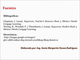 Fuentes
Bibliográficas:
Chapman, J. (2009). Sequences, Teacher’s Resource Book 5. México: Heinle
Cengage Learning.
Waring, R., Woodall, P. y Thomlinson, J. (2009). Sequences, Student Book 5.
México: Heinle Cengage Learning.
Electrónicas:
http://images.google.es/images?
gbv=2&hl=es&sa=1&q=eternal+youth&aq=f&oq=&start=0
Elaborado por: Ing. Sonia Margarita Osuna Rodríguez

 