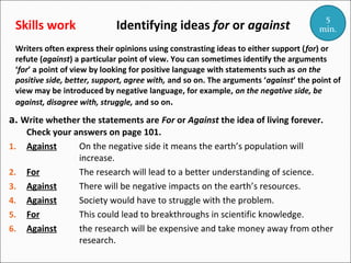 Skills work

Identifying ideas for or against

5
min.

Writers often express their opinions using constrasting ideas to either support (for) or
refute (against) a particular point of view. You can sometimes identify the arguments
‘for’ a point of view by looking for positive language with statements such as on the
positive side, better, support, agree with, and so on. The arguments ‘against’ the point of
view may be introduced by negative language, for example, on the negative side, be
against, disagree with, struggle, and so on.

a. Write whether the statements are For or Against the idea of living forever.
1.
2.
3.
4.
5.
6.

Check your answers on page 101.
Against
On the negative side it means the earth’s population will
increase.
For
The research will lead to a better understanding of science.
Against
There will be negative impacts on the earth’s resources.
Against
Society would have to struggle with the problem.
For
This could lead to breakthroughs in scientific knowledge.
Against
the research will be expensive and take money away from other
research.

 