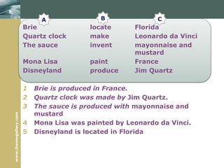 www.themegallery.com
Brie locate Florida
Quartz clock make Leonardo da Vinci
The sauce invent mayonnaise and
mustard
Mona Lisa paint France
Disneyland produce Jim Quartz
1 Brie is produced in France.
2 Quartz clock was made by Jim Quartz.
3 The sauce is produced with mayonnaise and
mustard
4 Mona Lisa was painted by Leonardo da Vinci.
5 Disneyland is located in Florida
A B C
 
