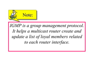 IGMP is a group management protocol.
It helps a multicast router create and
update a list of loyal members related
to each router interface.
Note:
 
