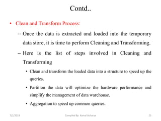 Contd..
• Clean and Transform Process:
– Once the data is extracted and loaded into the temporary
data store, it is time to perform Cleaning and Transforming.
– Here is the list of steps involved in Cleaning and
Transforming
• Clean and transform the loaded data into a structure to speed up the
queries.
• Partition the data will optimize the hardware performance and
simplify the management of data warehouse.
• Aggregation to speed up common queries.
7/2/2019 25Compiled By: Kamal Acharya
 