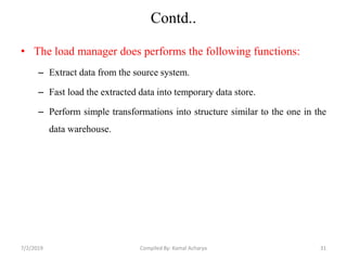 Contd..
• The load manager does performs the following functions:
– Extract data from the source system.
– Fast load the extracted data into temporary data store.
– Perform simple transformations into structure similar to the one in the
data warehouse.
7/2/2019 31Compiled By: Kamal Acharya
 