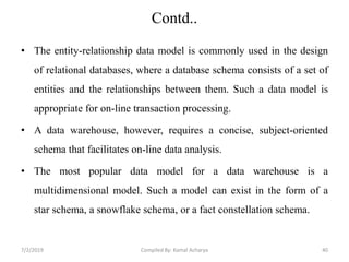 Contd..
• The entity-relationship data model is commonly used in the design
of relational databases, where a database schema consists of a set of
entities and the relationships between them. Such a data model is
appropriate for on-line transaction processing.
• A data warehouse, however, requires a concise, subject-oriented
schema that facilitates on-line data analysis.
• The most popular data model for a data warehouse is a
multidimensional model. Such a model can exist in the form of a
star schema, a snowflake schema, or a fact constellation schema.
7/2/2019 40Compiled By: Kamal Acharya
 