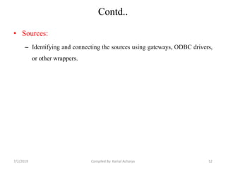 Contd..
• Sources:
– Identifying and connecting the sources using gateways, ODBC drivers,
or other wrappers.
7/2/2019 52Compiled By: Kamal Acharya
 