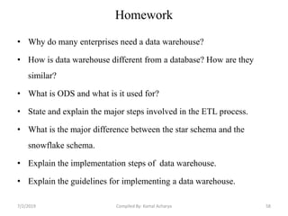 Homework
• Why do many enterprises need a data warehouse?
• How is data warehouse different from a database? How are they
similar?
• What is ODS and what is it used for?
• State and explain the major steps involved in the ETL process.
• What is the major difference between the star schema and the
snowflake schema.
• Explain the implementation steps of data warehouse.
• Explain the guidelines for implementing a data warehouse.
7/2/2019 58Compiled By: Kamal Acharya
 
