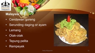 Malaysia
• Cendawan goreng
• Serunding daging or ayam
• Lemang
• Otak-otak
• Tepung pelita
• Rempeyek
Dedy Wijayanto 22
 