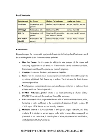 PREPARED BY DR. SUSHIL NEUPANE (B.V.SC. AND A.H., IAAS, TU)
Legal Standards
Classification
Depending upon the commercial practices followed, the following classifications are used
for different groups of ice cream and frozen products.
a. Plain Ice Cream: An ice cream in which the total amount of the colour and
flavouring ingredients is less than 5% of the volume of the unfrozen ice cream.
Examples are vanilla, coffee, maple and caramel ice cream.
b. Chocolate: Ice cream flavoured with cocoa or chocolate
c. Fruit: Fruit Ice cream is made by adding various fruits at the time of freezing with
or without additional fruit flavouring or colour. The fruits may be fresh, frozen,
canned or preserved.
d. Nut: Ice cream containing nut meats, such as almonds, pistachio or walnut, with or
without additional flavouring or color.
e. Ice Milk / Milk Ice: A product similar to ice cream containing 2 -7% fats and 12-
15% MSNF, sweetened, flavoured and frozen like ice cream.
f. Ices: Made of fruit juices, sugar and stabilizer with or without additional fruits, color,
flavouring or water and frozen to the consistency of ice cream. Usually contains 28
– 30% sugar, 15-20% overrun, and no dairy products.
g. Sherbets: Sherbet is a product made of fruit juices, sugar, stabilizer, and milk
products. It is similar to an ice, except milk, either whole, skim, condensed, or
powdered, or ice cream mix, is used in place of all or part of the water used in ices,
sherbet contains 1% to 2% milk fat.
 