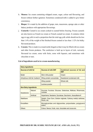 PREPARED BY DR. SUSHIL NEUPANE (B.V.SC. AND A.H., IAAS, TU)
h. Mousse: Ice cream containing whipped cream, sugar, colour and flavouring, and
frozen without further agitation. Sometimes condensed milk is added to give better
consistency.
i. Bisque: It is made by the addition of grape, nuts, macaroons, sponge cake or other
bakery products with appropriate flavourings.
j. Custards: Custard is ice cream cooked to custard before freezing. Frozen custards
are also known as French ice cream or French custard ice cream. It contains whole
egg or egg yolk in such a proportion that the total egg yolk solids should not be less
than 1.4% of the weight of the finished frozen custard or less than 1.12% for bulky
flavoured products.
k. Cassata: This is made in a round mold, hinged so that it may be filled with ice cream
and other frozen products. The confection is built up in layers of rich, variously
flavoured ice cream, some with fruits, some with liqueurs, and sometimes with
chocolate or nuts.
List of ingredients used in ice cream manufacturing
 