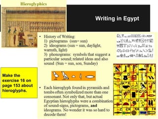 Writing in Egypt
Make the
exercise 16 on
page 153 about
hieroglyphs.
 