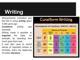 Writing
Mesopotamian civilization was
the first in using writing about
5,000 years ago.
Cuneiform writing was
essential.
Writing made it possible to
organize the state, for
example, by recording how
much grain there was.
It was also used to record
stories of important heroes or
divinities, that’s the beginning
of written literature.
 