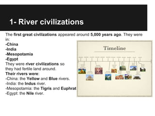 The first great civilizations appeared around 5,000 years ago. They were
in:
-China
-India
-Mesopotamia
-Egypt
They were river civilizations so
they had fertile land around.
Their rivers were:
-China: the Yellow and Blue rivers.
-India: the Indus river.
-Mesopotamia: the Tigris and Euphrates rivers.
-Egypt: the Nile river.
1- River civilizations
 