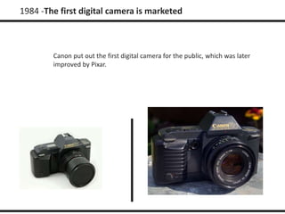 1984 -The first digital camera is marketed 
Canon put out the first digital camera for the public, which was later 
improved by Pixar. 
 