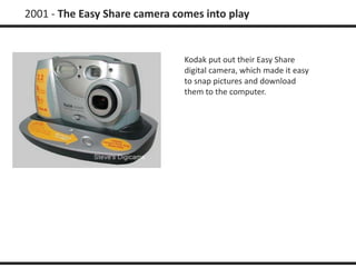 2001 - The Easy Share camera comes into play 
Kodak put out their Easy Share 
digital camera, which made it easy 
to snap pictures and download 
them to the computer. 
