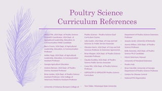 Poultry Science
Curriculum References
– Jessica Fife, UGA Dept. of Poultry Science
Outreach Coordinator, UGA Dept. of
Agricultural Leadership, Education, &
Communication MAEE Candidate
– Barry Croom, UGA Dept. of Agricultural
Leadership, Education, & Communication
Professor
– Ashley Yopp, UGA Dept. of Agricultural
Leadership, Education, & Communication
Assistant Professor
– Georgia Agriculture Education
– Andrew Benson, UGA Dept. of Poultry
Science Assistant Professor
– Brian Jordan, UGA Dept. of Poultry Science
Assistant Professor, UGA College of
Veterinary Medicine Assistant Professor
– University of Arkansas Bumpers College of
Poultry Science – Poultry Science Dual
Curriculum Course
– Julia Gaskin, UGA Dept. of Crop and Soil
Sciences Sr. Public Service Associate
– Glendon Harris, UGA Dept. of Crop and Soil
Sciences Professor & Extension Agronomist
– Brian Kiepper, UGA Dept. of Poultry Science
Associate Professor
– Claudia Dunkley, UGA Dept. of Poultry
Science Public Service Associate
– Casey Ritz, UGA Dept. of Poultry Science
Professor
– USPOULTRY & USPOULTRY Poultry Science
Curriculum
– Tom Tabler, Mississippi State University
Department of Poultry Science Extension
Professor
– Jacquie Jacob, University of Kentucky
– Jeanna Wilson, UGA Dept. of Poultry
Science Professor
– Kelly Sweeney, UGA Dept. of Poultry
Science Ph.D Candidate
– Merck Veterinary Manual
– University of Maryland Extension
– Poultry Hub
– Brian Fairchild, University of Georgia
Department of Poultry Science Professor
– Centers for Disease Control
– National FFA Organization
 