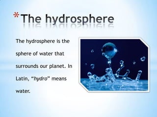*
The hydrosphere is the

sphere of water that

surrounds our planet. In

Latin, “hydro” means

water.
 