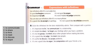 1. to communicate
2. to share
3. to think
4. to meet
5. to discuss
6. to argue
 