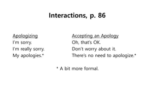 Interactions, p. 86
Apologizing Accepting an Apology
I’m sorry. Oh, that’s OK.
I’m really sorry. Don’t worry about it.
My apologies.* There’s no need to apologize.*
* A bit more formal.
 