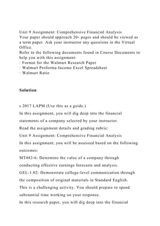 Unit 9 Assignment: Comprehensive Financial Analysis
Your paper should approach 20- pages and should be viewed as
a term paper. Ask your instructor any questions in the Virtual
Office.
Refer to the following documents found in Course Documents to
help you with this assignment:
· Format for the Walmart Research Paper
· Walmart Proforma Income Excel Spreadsheet
· Walmart Ratio
Solution
s 2017 LAPM (Use this as a guide.)
In this assignment, you will dig deep into the financial
statements of a company selected by your instructor.
Read the assignment details and grading rubric:
Unit 9 Assignment: Comprehensive Financial Analysis
In this assignment, you will be assessed based on the following
outcomes:
MT482-6: Determine the value of a company through
conducting effective earnings forecasts and analysis.
GEL-1.02: Demonstrate college-level communication through
the composition of original materials in Standard English.
This is a challenging activity. You should prepare to spend
substantial time working on your response.
In this research paper, you will dig deep into the financial
 