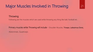 Major Muscles Involved in Throwing
Throwing
Following are the muscles which are used while throwing any thing like ball, football etc. .
Primary muscles while Throwing will include – Shoulder Muscles, Triceps, Latissimus Dorsi,
Abdominals, Quadriceps
21
 