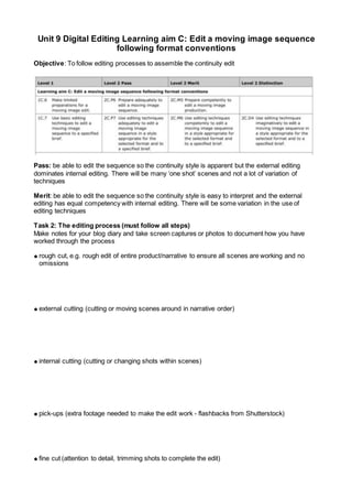 Unit 9 Digital Editing Learning aim C: Edit a moving image sequence
following format conventions
Objective: To follow editing processes to assemble the continuity edit
Pass: be able to edit the sequence so the continuity style is apparent but the external editing
dominates internal editing. There will be many ‘one shot’ scenes and not a lot of variation of
techniques
Merit: be able to edit the sequence so the continuity style is easy to interpret and the external
editing has equal competency with internal editing. There will be some variation in the use of
editing techniques
Task 2: The editing process (must follow all steps)
Make notes for your blog diary and take screen captures or photos to document how you have
worked through the process
● rough cut, e.g. rough edit of entire product/narrative to ensure all scenes are working and no
omissions
● external cutting (cutting or moving scenes around in narrative order)
● internal cutting (cutting or changing shots within scenes)
● pick-ups (extra footage needed to make the edit work - flashbacks from Shutterstock)
● fine cut (attention to detail, trimming shots to complete the edit)
 