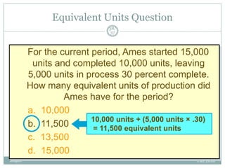 Equivalent Units Question
38/
37

For the current period, Ames started 15,000
units and completed 10,000 units, leaving
5,000 units in process 30 percent complete.
How many equivalent units of production did
Ames have for the period?
a. 10,000
10,000 units + (5,000 units × .30)
b. 11,500
= 11,500 equivalent units
c. 13,500
d. 15,000
Mugan

Fall 2010

 