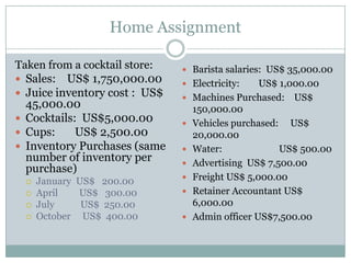 Home Assignment
Taken from a cocktail store:
 Sales: US$ 1,750,000.00
 Juice inventory cost : US$
45,000.00
 Cocktails: US$5,000.00
 Cups:
US$ 2,500.00
 Inventory Purchases (same
number of inventory per
purchase)





January US$ 200.00
April
US$ 300.00
July
US$ 250.00
October US$ 400.00

 Barista salaries: US$ 35,000.00
 Electricity:









US$ 1,000.00
Machines Purchased: US$
150,000.00
Vehicles purchased: US$
20,000.00
Water:
US$ 500.00
Advertising US$ 7,500.00
Freight US$ 5,000.00
Retainer Accountant US$
6,000.00
Admin officer US$7,500.00

 